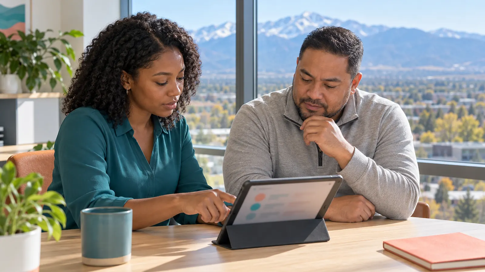 A Denver business owner and an SEO specialist going over search results together
